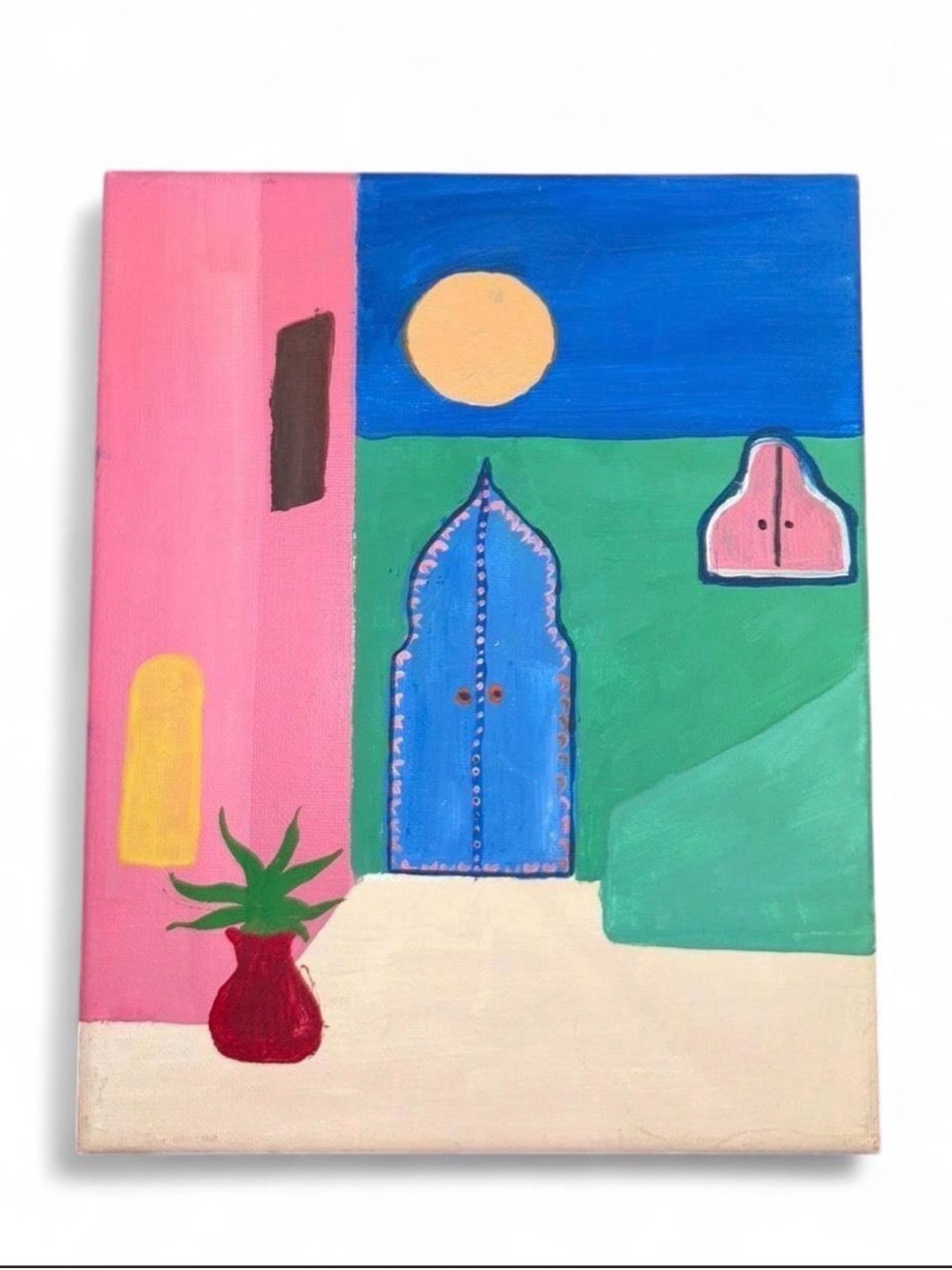 Colorful Moroccan Doorway Painting with Blue Door and Pink Wall